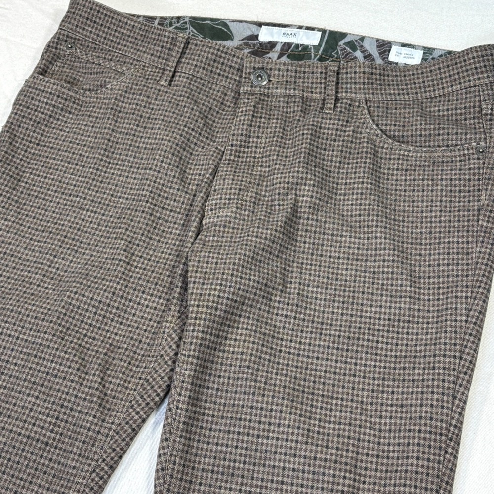 Brax Feel Good Chuck DX Modern Fit Brown Houndstooth Plaid Pants Mens 38x32